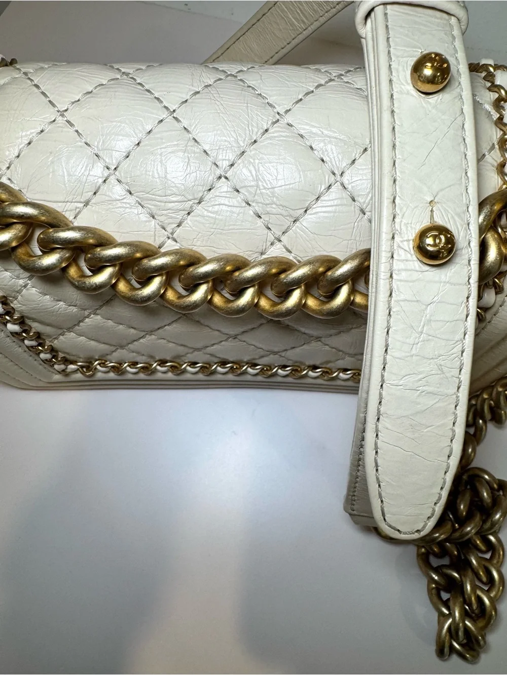 Chanel Small Chain Around Boy Bag W Cream Quilted Aged Calfskin & Gold Hardware